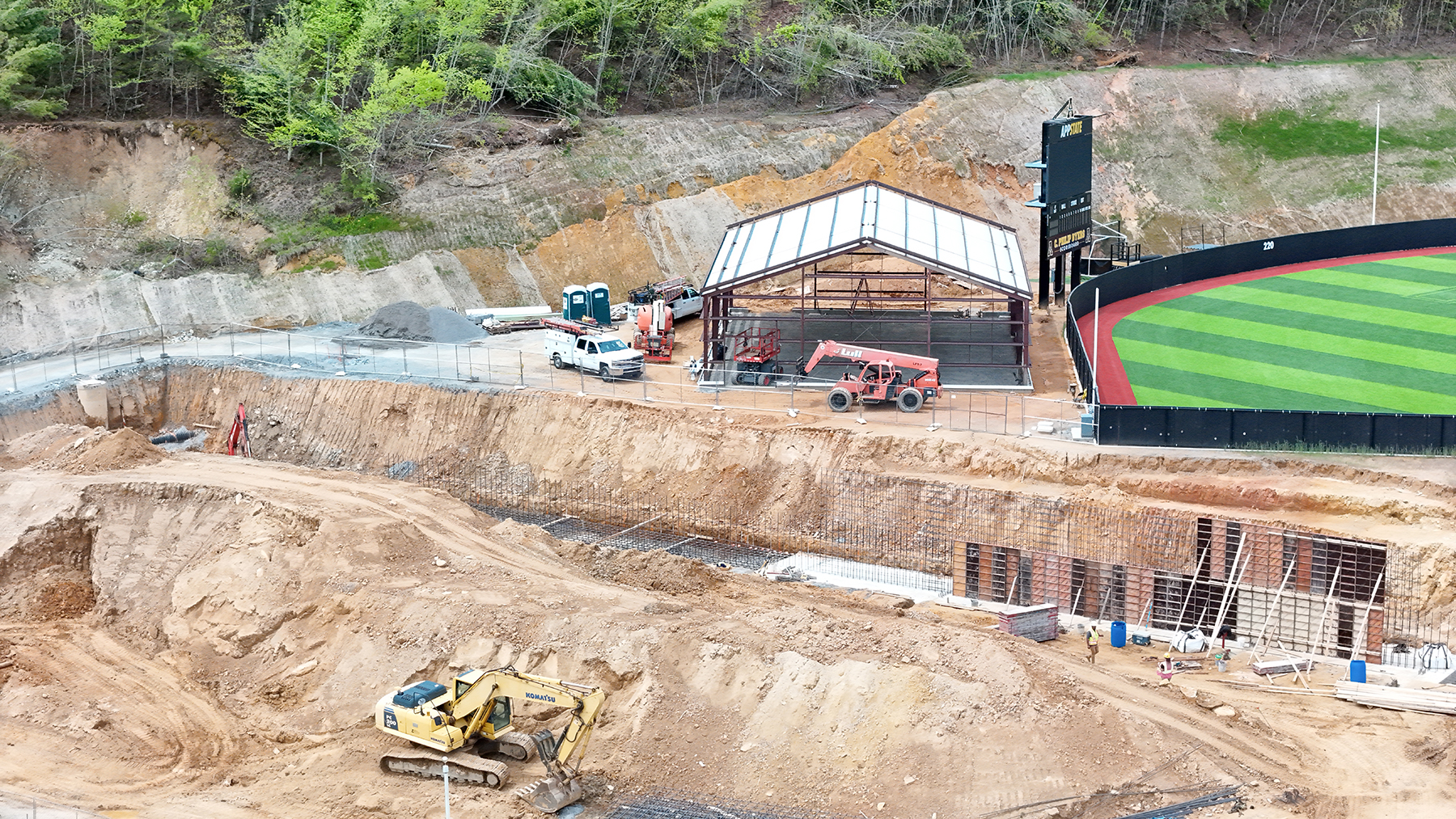 Construction of the indoor hitting building next to App State’s softball stadium at Appalachian 105, captured May 7, 2025.