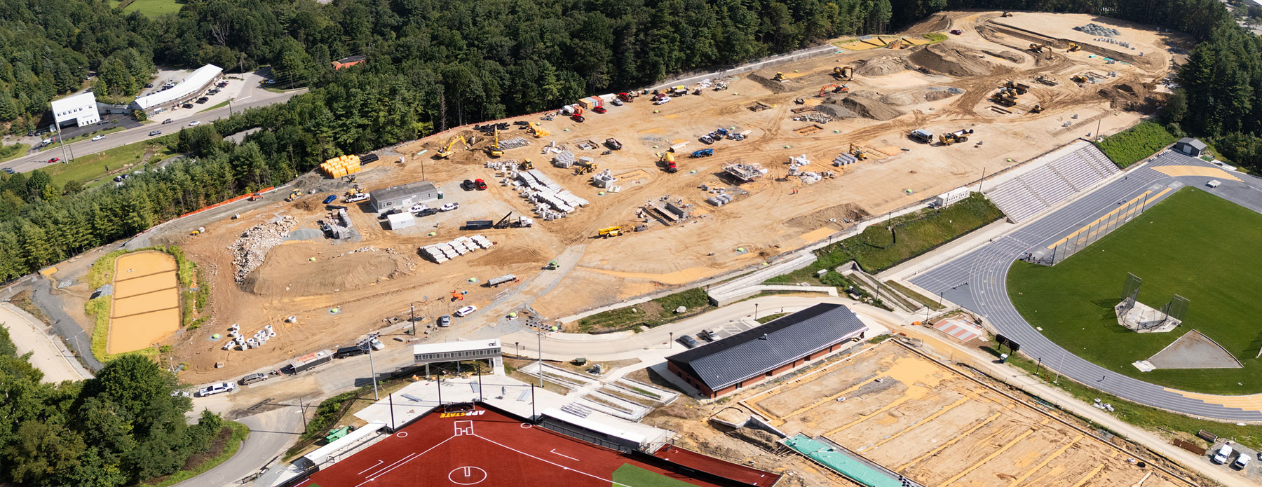 Aerial view of App State’s Appalachian 105 site with housing and tennis facility construction.