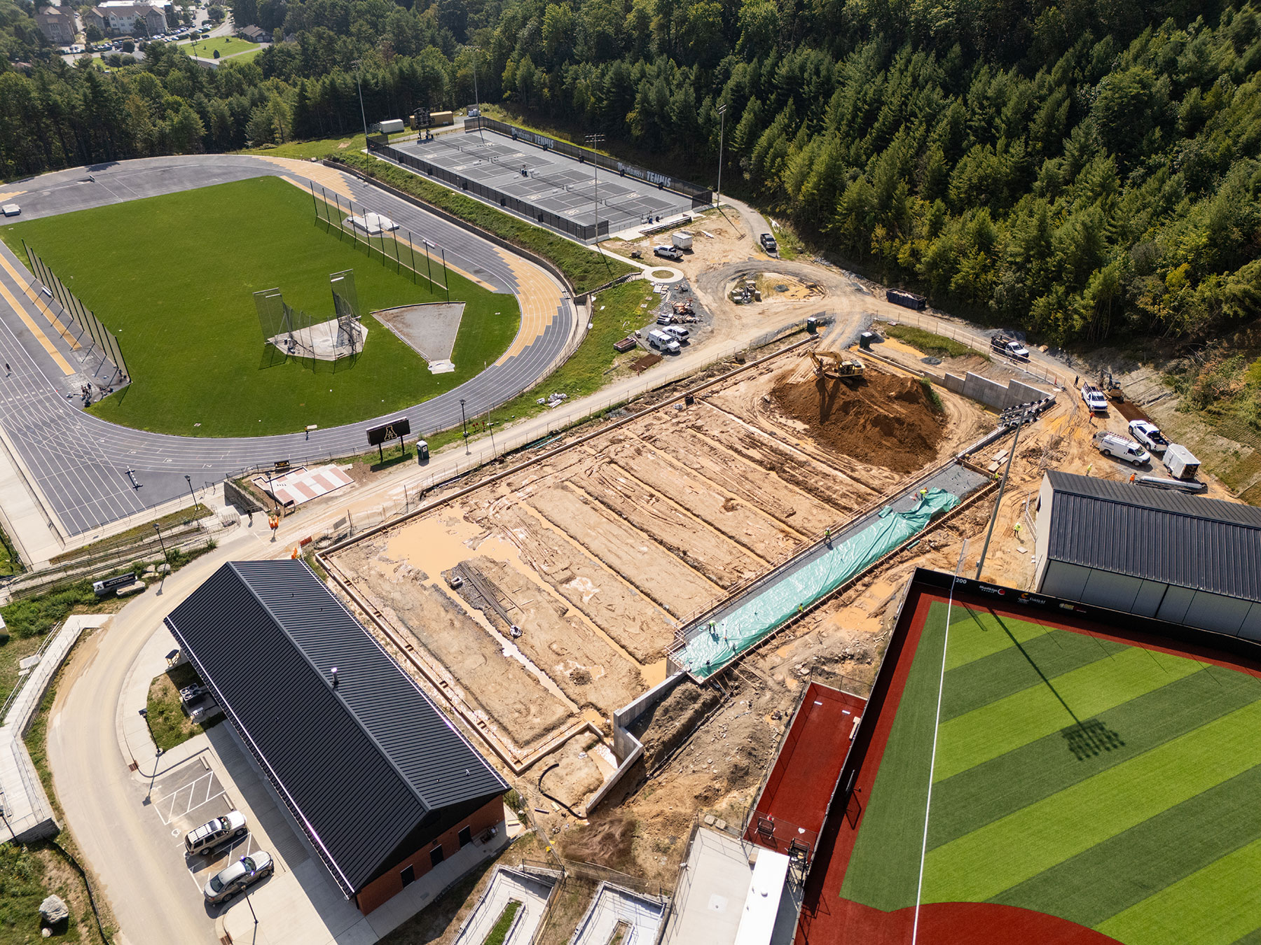 Aerial view of indoor tennis facility construction at App State’s Appalachian 105 site.