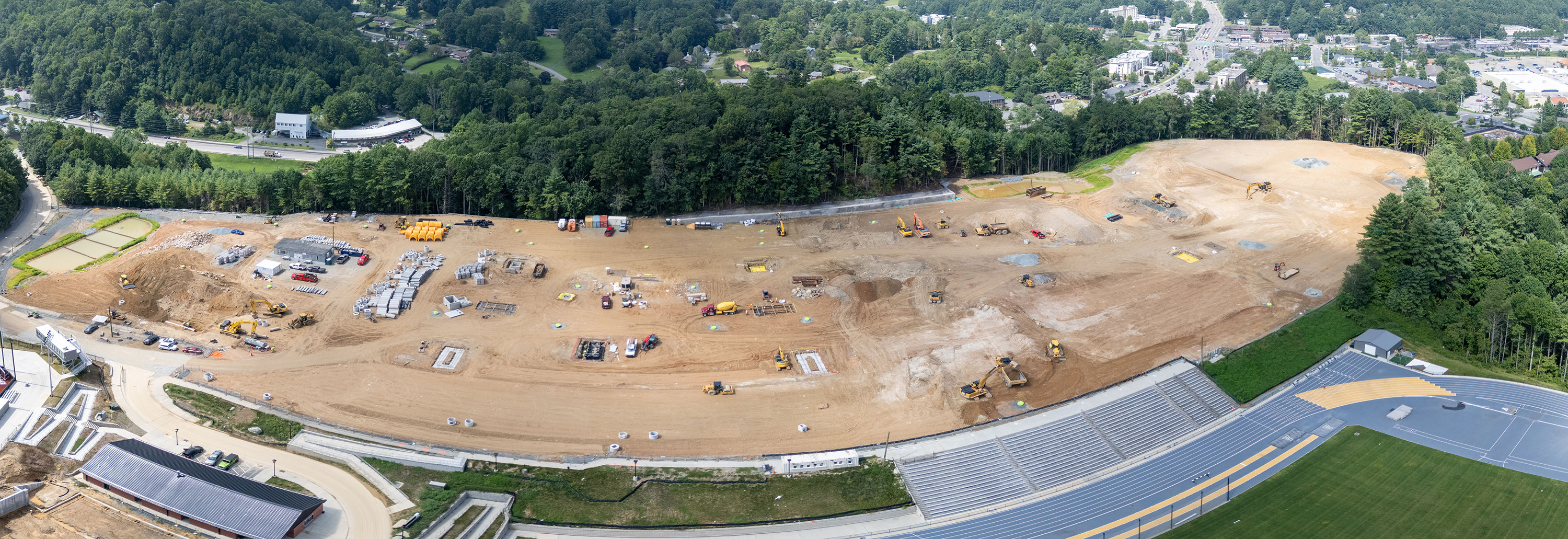Panoramic aerial view of student housing construction at App State’s Appalachian 105 site.