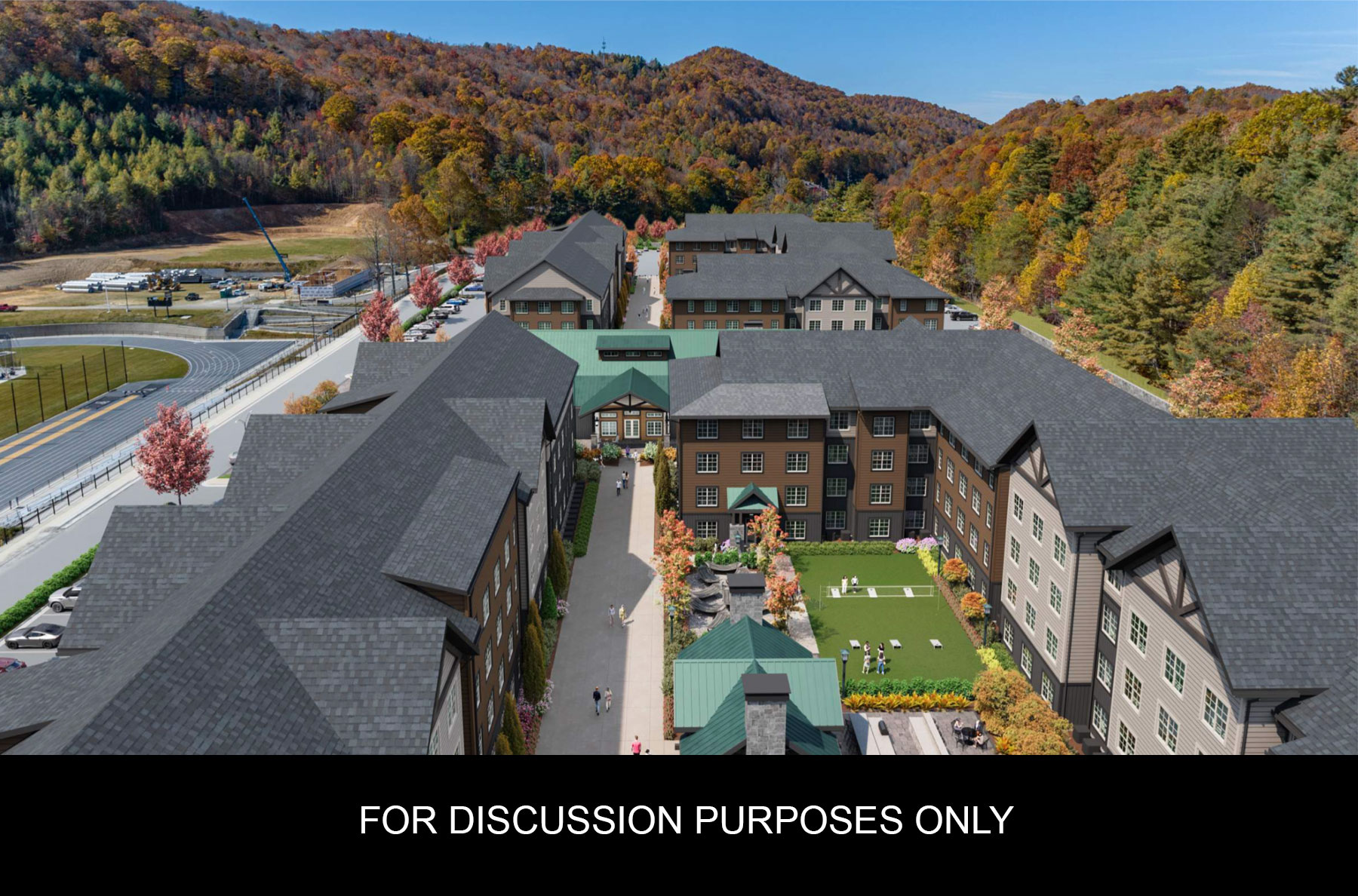 Rendering of interior quad at Mountaineer Ridge student housing site.