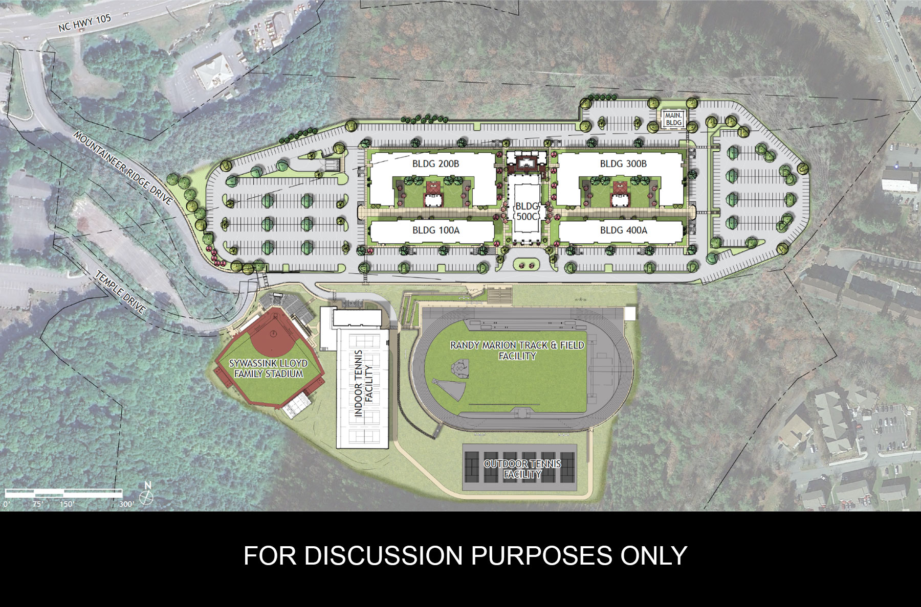 Graphic showing future housing and sports complex at App State’s 105 site.
