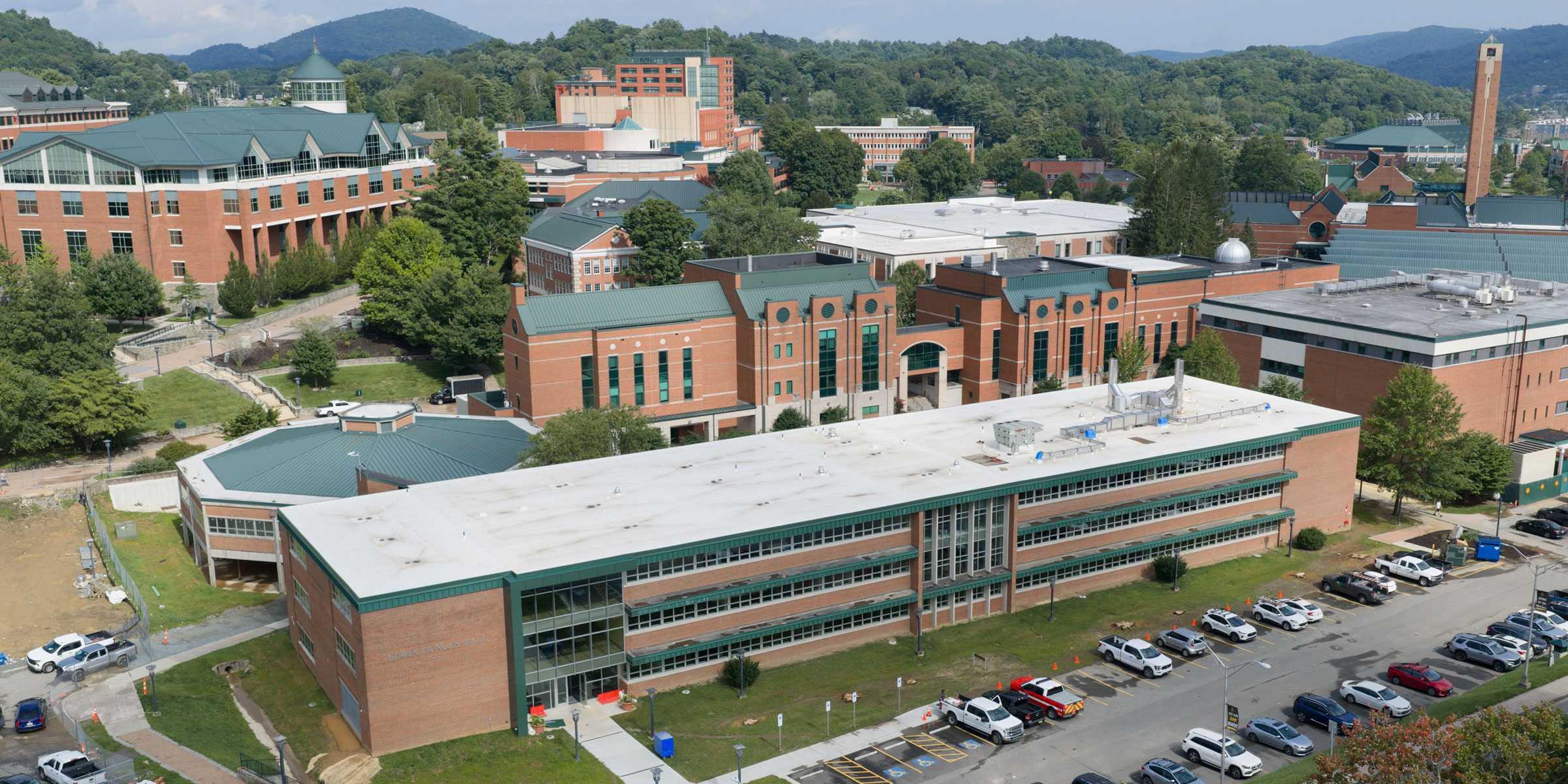 An aerial view of the newly renovated Edwin Duncan Hall on App State’s Boone campus.