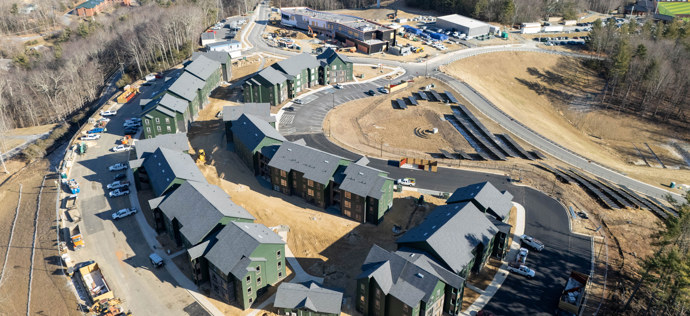 An aerial image of construction progress for the first development phase at App State’s Innovation District, located on the Boone campus.