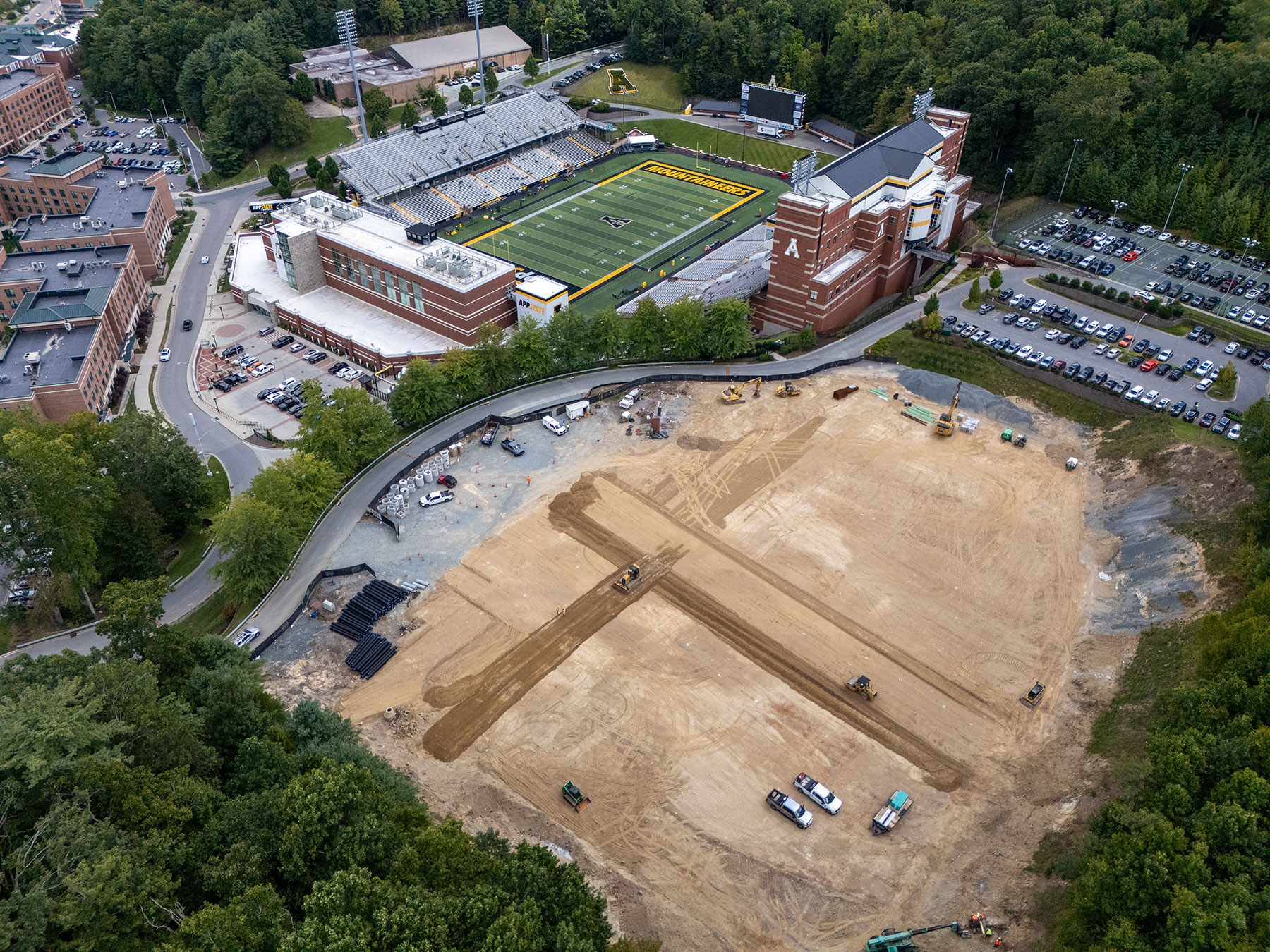 This aerial photo,shows grading work underway at the future site of the Sofield Family Indoor Practice Facility