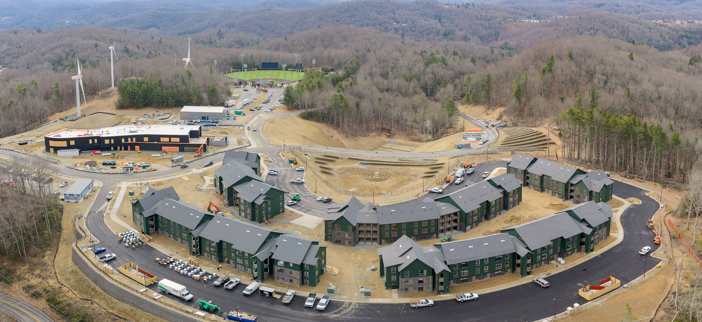 This aerial photo, taken March 3, 2026, shows the first development phase at App State's Innovation District on the Boone campus.
