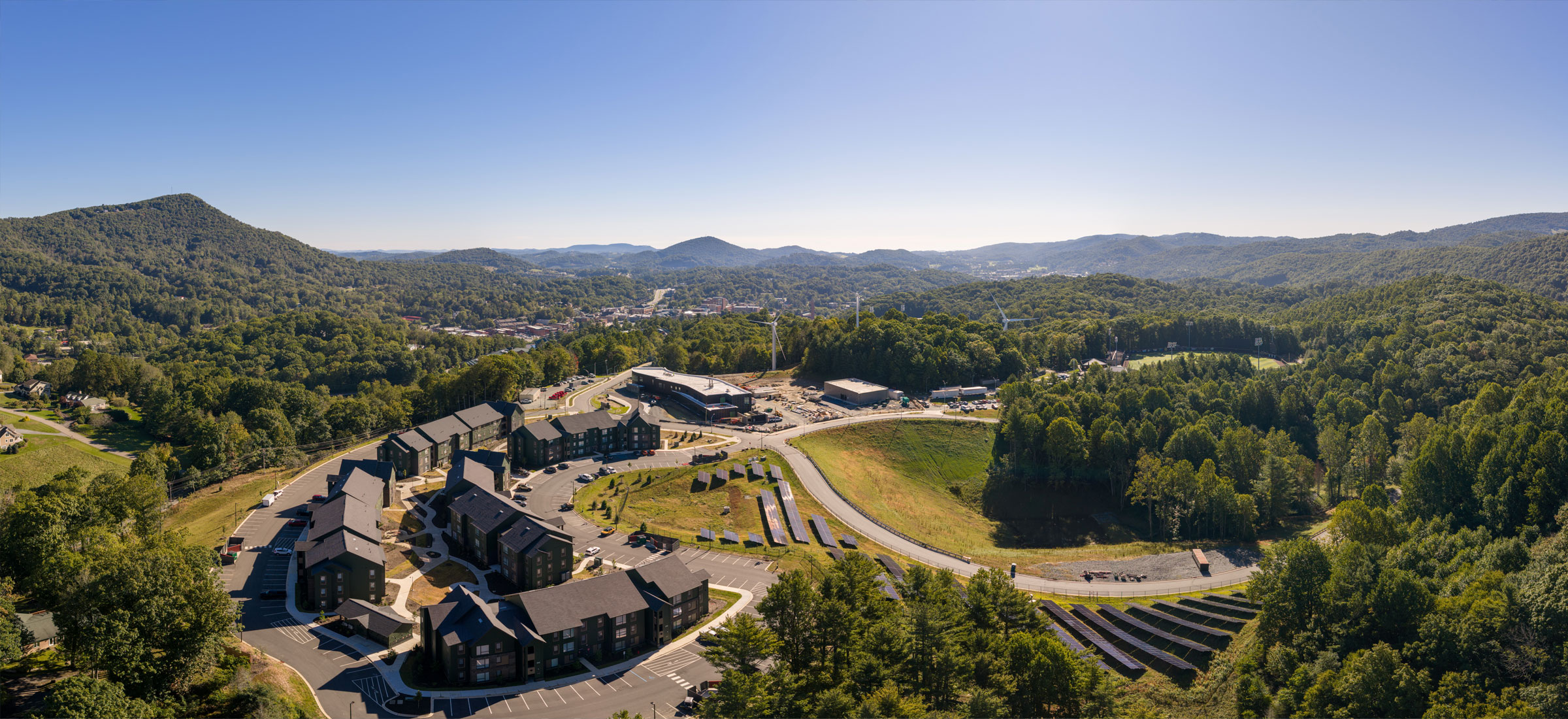 This aerial image, taken Sept. 25, 2026, provides a panoramic view of App State’s Innovation District and its Phase 1 components.