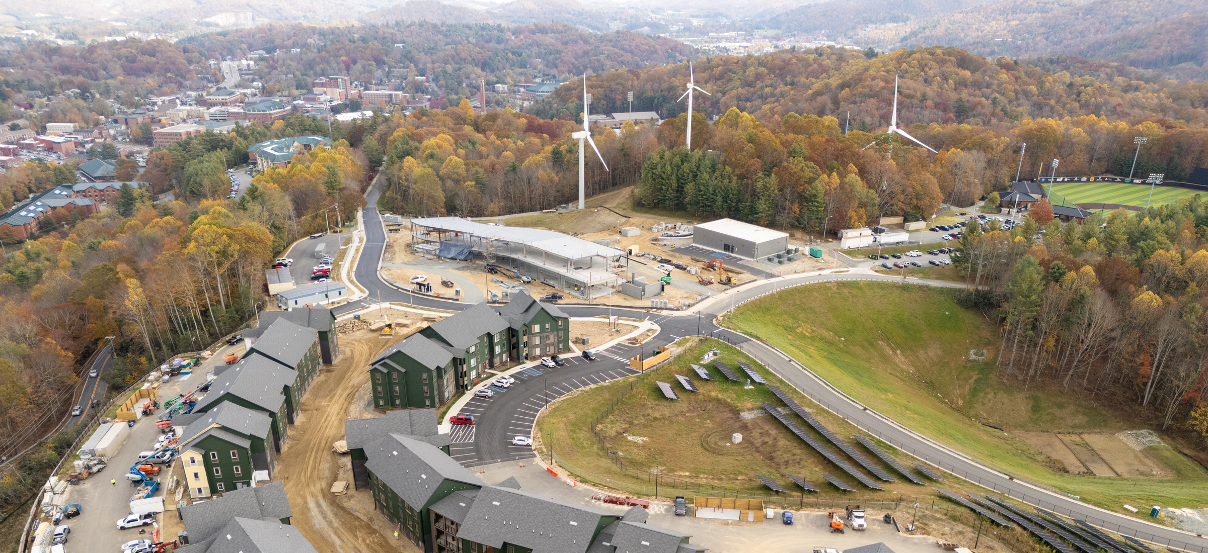 An aerial view of the construction progress for Phase 1 development at App State's Innovation District.