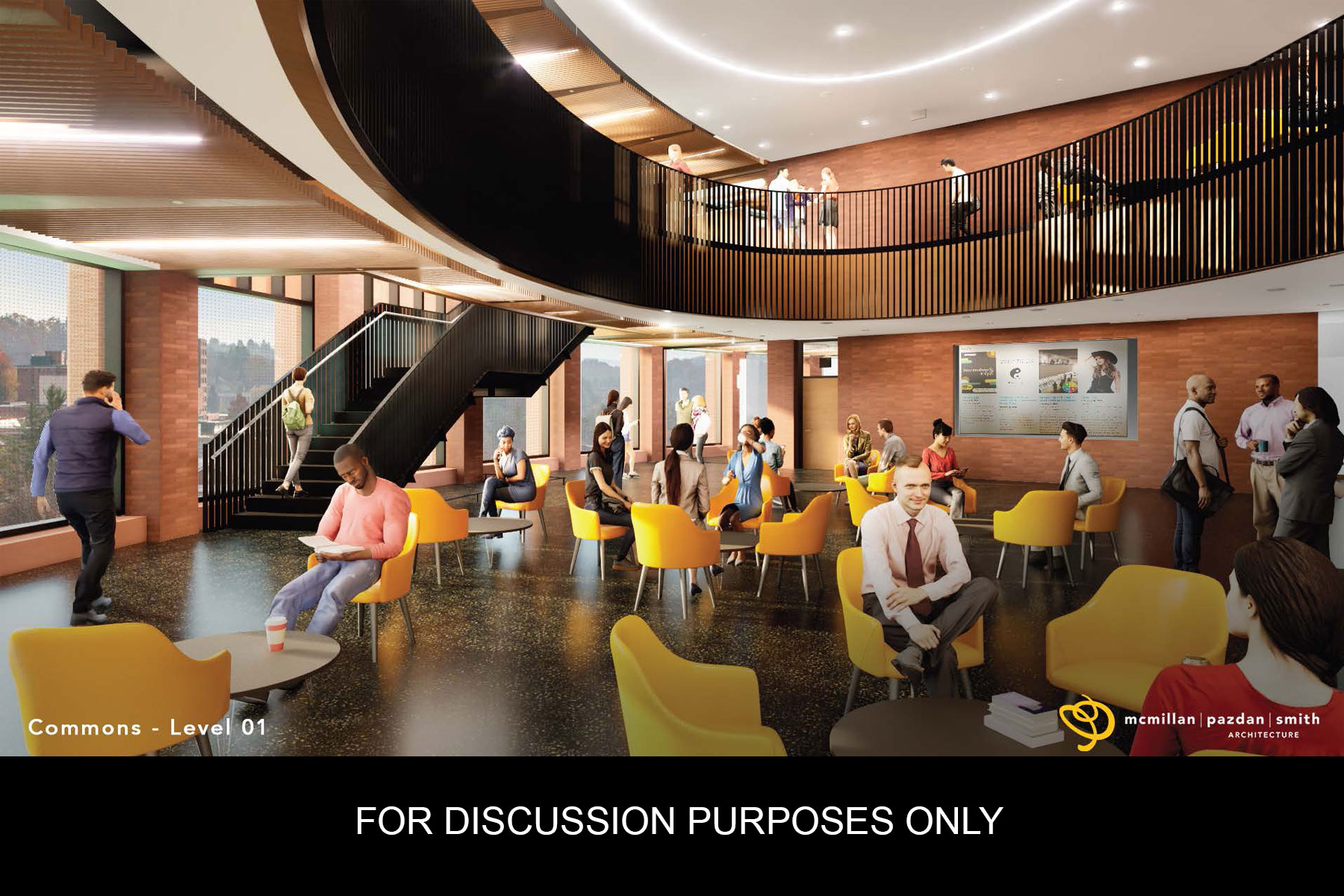 This artist’s rendering depicting a first-floor common area near the front of the facility.