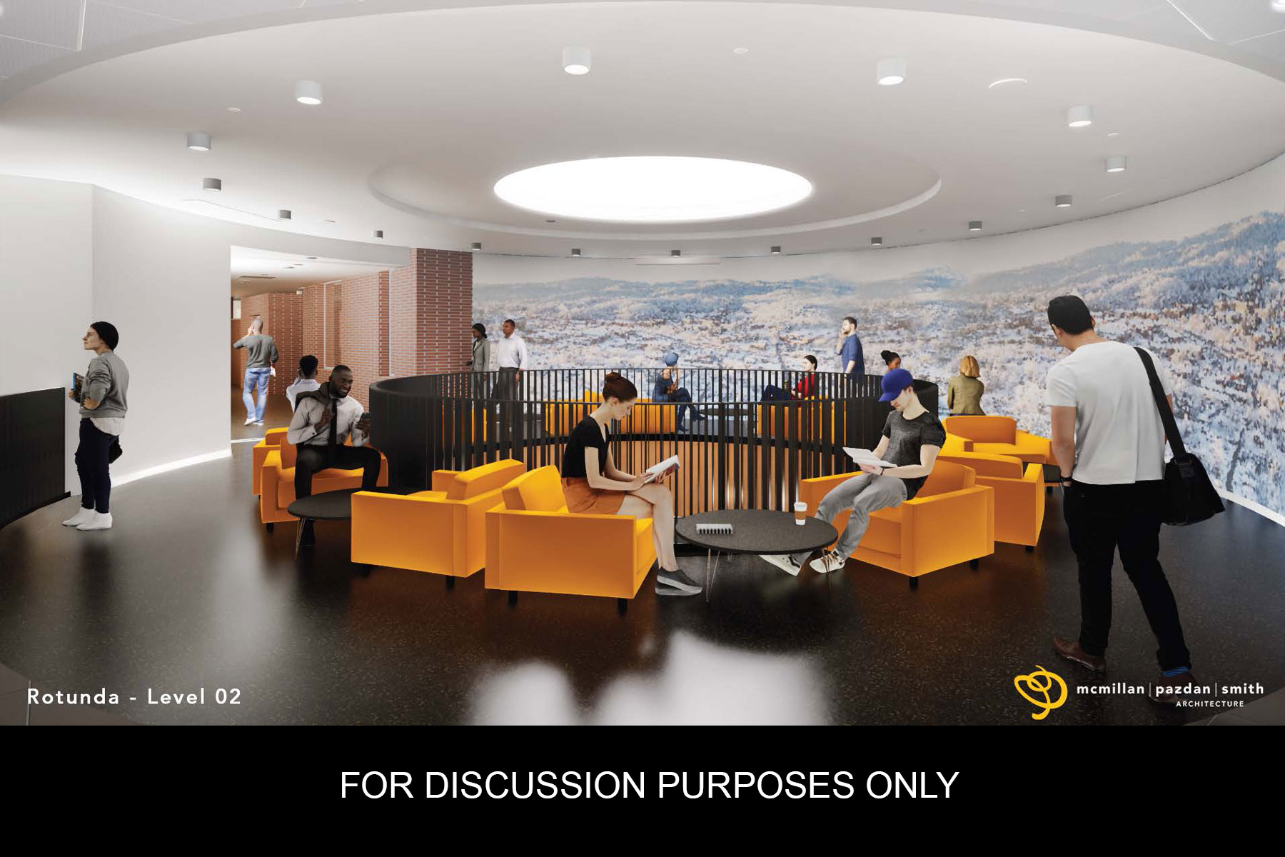 A conceptual rendering of a second-floor rotunda area in App State’s Peacock Hall addition.