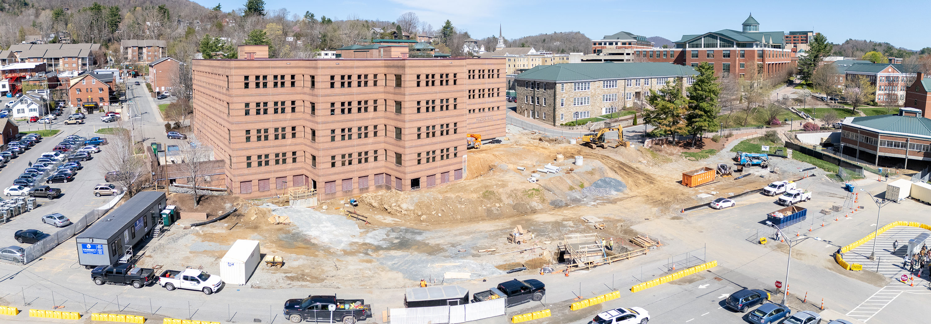 Panoramic view of construction at Peacock Hall, App State’s Boone campus, April 9, 2025.