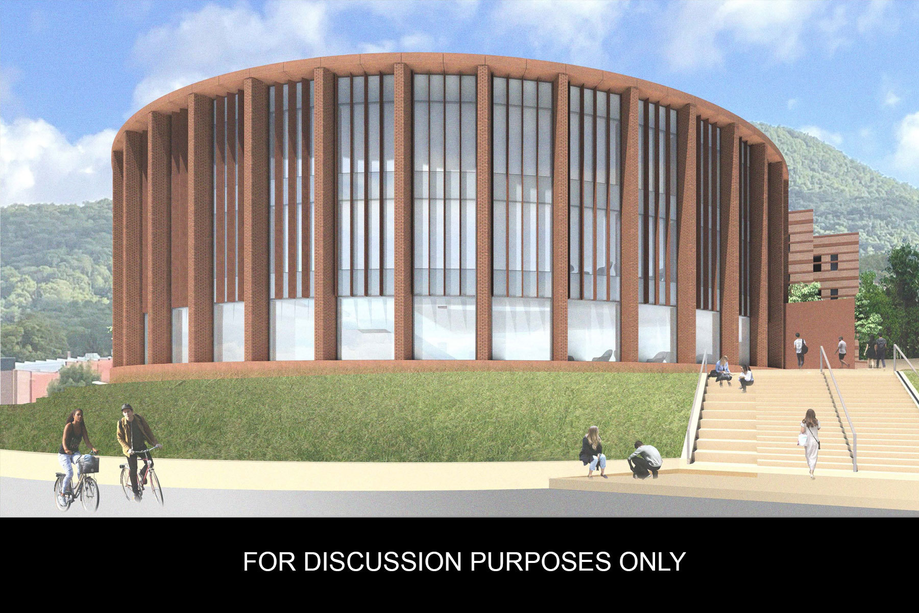 rendering of the planned addition for App State's Peacock Hall - south approach from River's St