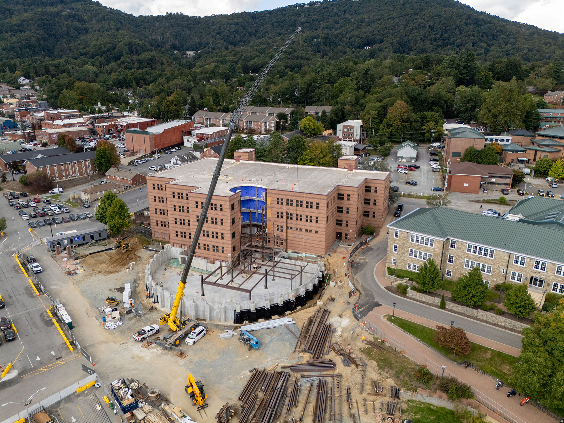 Aerial view of Peacock Hall construction at App State, showing progress as of September 2025.